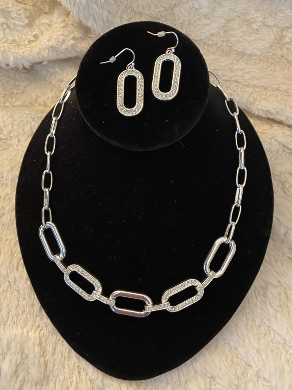 Silver Crystal Link Necklace and Earrings Set